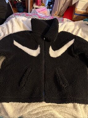 Nike Black Sherpa Jacket with White Swoosh Accents